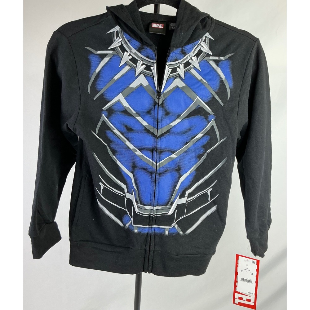 Marvel Black Panther Zip Up Hoodie Black Blue Silver Boys Size S Winter Warm